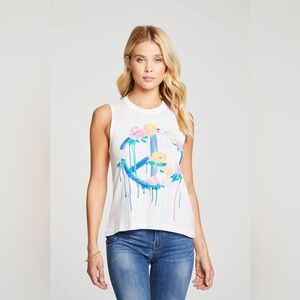 Chaser Drippy Peace Flowers White Muscle Tank Top NEW Small